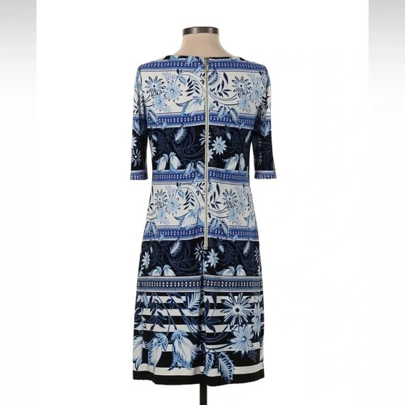 Eliza J Blue Floral Stripe Country Patchwork Shift Dress 3/4 Sleeves Size 2 XS - Picture 4 of 6